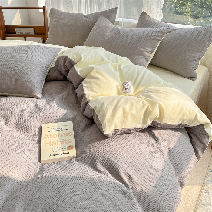 91家纺网 家纺一手货源 找家纺 蓝巢2023新款A版60支全棉华夫格B版40支全棉水洗棉四件套蜜格系列 华夫格中灰