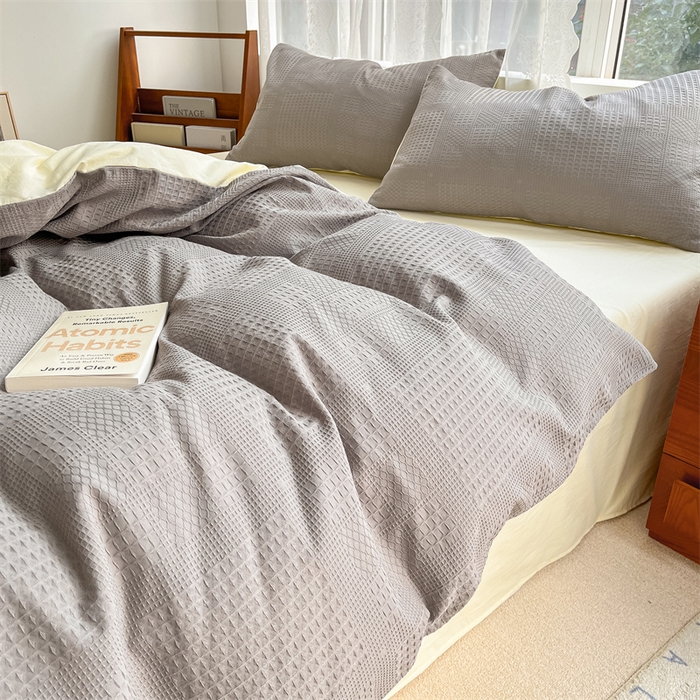 91家纺网 家纺一手货源 找家纺 蓝巢2023新款A版60支全棉华夫格B版40支全棉水洗棉四件套蜜格系列 华夫格中灰