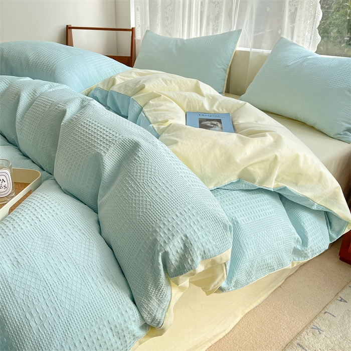 91家纺网 家纺一手货源 找家纺 蓝巢2023新款A版60支全棉华夫格B版40支全棉水洗棉四件套蜜格系列 华夫格天空蓝