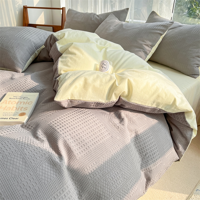 91家纺网 家纺一手货源 找家纺 蓝巢2023新款A版60支全棉华夫格B版40支全棉水洗棉四件套蜜格系列 华夫格中灰