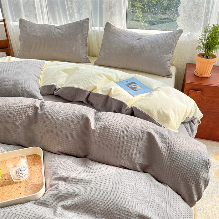 91家纺网 家纺一手货源 找家纺 蓝巢2023新款A版60支全棉华夫格B版40支全棉水洗棉四件套蜜格系列 华夫格中灰