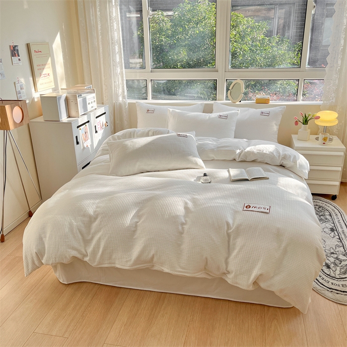 91家纺网 家纺一手货源 找家纺 蓝巢2023新款A版60支全棉华夫格B版40支全棉水洗棉四件套蜜格系列 华夫格中灰