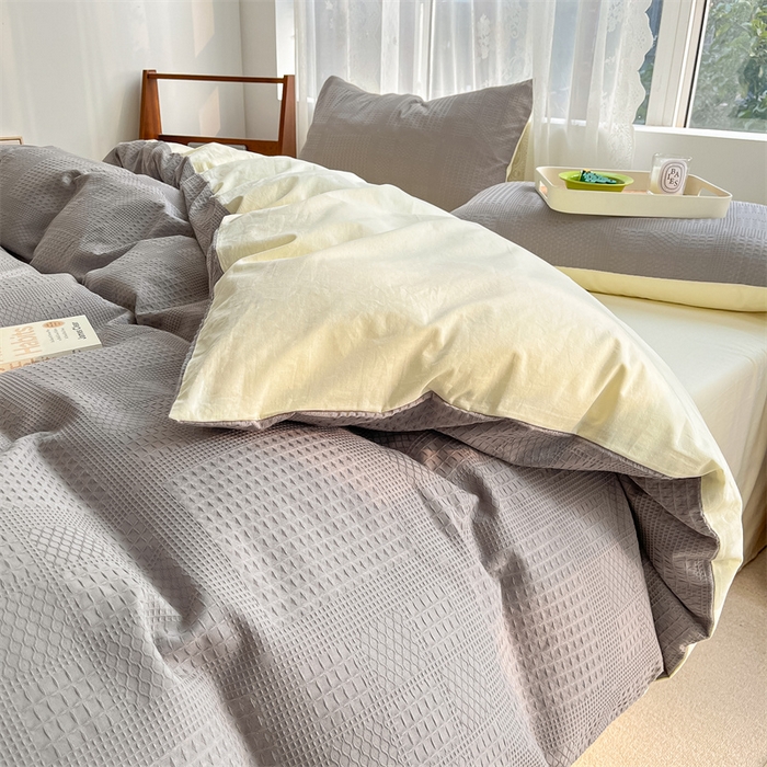 91家纺网 家纺一手货源 找家纺 蓝巢2023新款A版60支全棉华夫格B版40支全棉水洗棉四件套蜜格系列 华夫格中灰