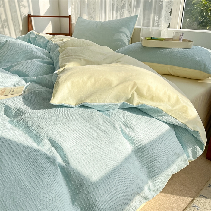 91家纺网 家纺一手货源 找家纺 蓝巢2023新款A版60支全棉华夫格B版40支全棉水洗棉四件套蜜格系列 华夫格天空蓝