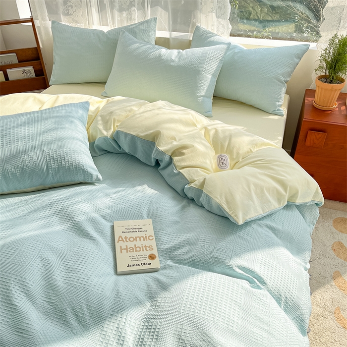 91家纺网 家纺一手货源 找家纺 蓝巢2023新款A版60支全棉华夫格B版40支全棉水洗棉四件套蜜格系列 华夫格天空蓝