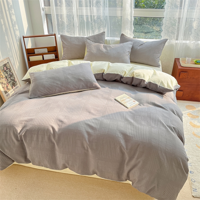 91家纺网 家纺一手货源 找家纺 蓝巢2023新款A版60支全棉华夫格B版40支全棉水洗棉四件套蜜格系列 华夫格中灰