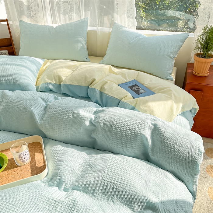 91家纺网 家纺一手货源 找家纺 蓝巢2023新款A版60支全棉华夫格B版40支全棉水洗棉四件套蜜格系列 华夫格天空蓝