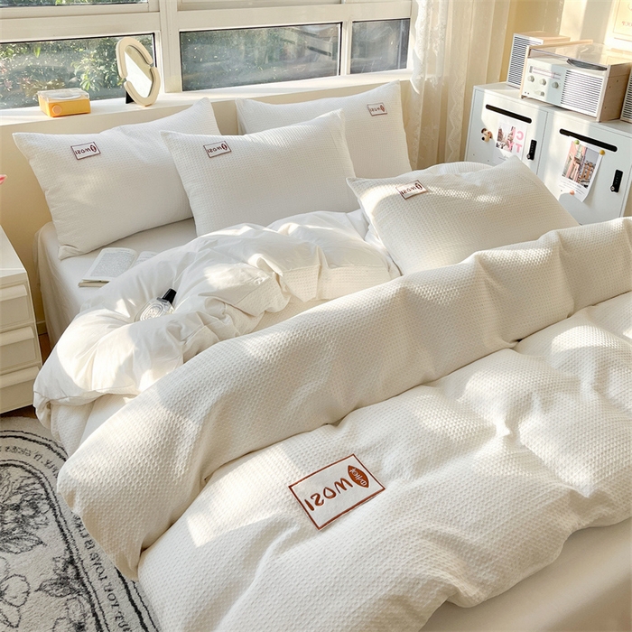 91家纺网 家纺一手货源 找家纺 蓝巢2023新款A版60支全棉华夫格B版40支全棉水洗棉四件套蜜格系列 蜜格-本白