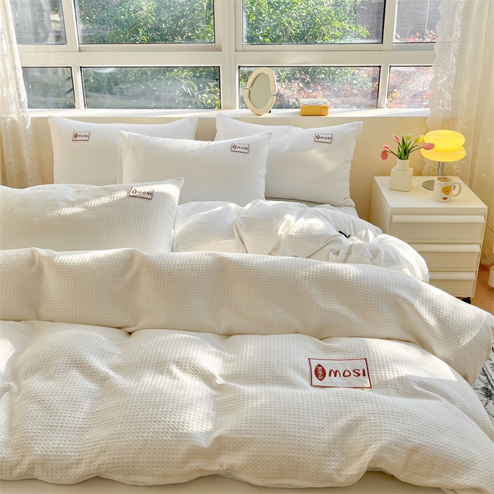 91家纺网 家纺一手货源 找家纺 蓝巢2023新款A版60支全棉华夫格B版40支全棉水洗棉四件套蜜格系列 蜜格-本白