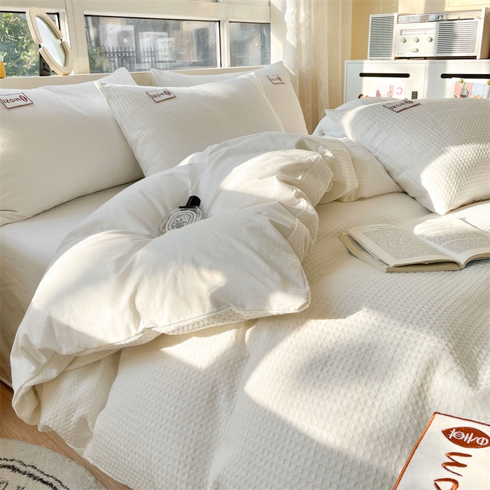 91家纺网 家纺一手货源 找家纺 蓝巢2023新款A版60支全棉华夫格B版40支全棉水洗棉四件套蜜格系列 蜜格-本白