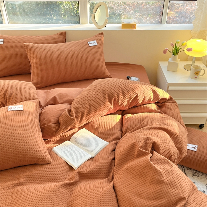 91家纺网 家纺一手货源 找家纺 蓝巢2023新款A版60支全棉华夫格B版40支全棉水洗棉四件套蜜格系列 蜜格-焦糖