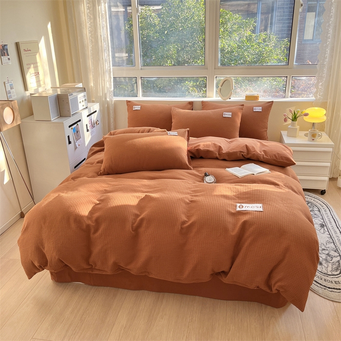 91家纺网 家纺一手货源 找家纺 蓝巢2023新款A版60支全棉华夫格B版40支全棉水洗棉四件套蜜格系列 蜜格-焦糖