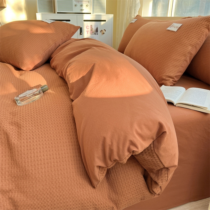 91家纺网 家纺一手货源 找家纺 蓝巢2023新款A版60支全棉华夫格B版40支全棉水洗棉四件套蜜格系列 蜜格-焦糖