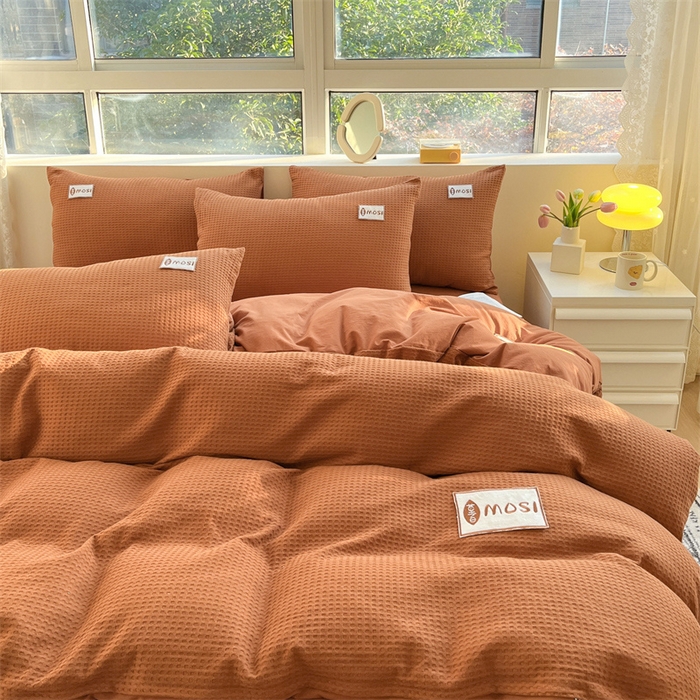 91家纺网 家纺一手货源 找家纺 蓝巢2023新款A版60支全棉华夫格B版40支全棉水洗棉四件套蜜格系列 蜜格-焦糖