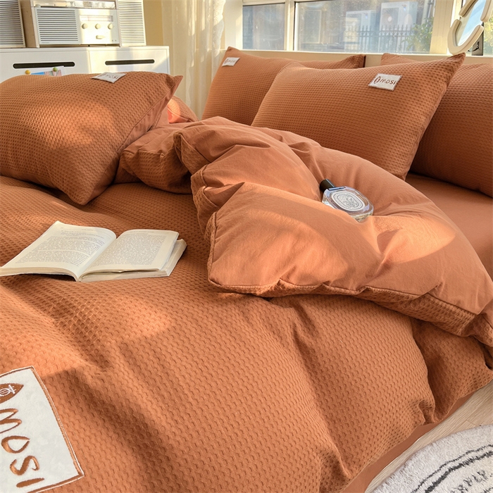 91家纺网 家纺一手货源 找家纺 蓝巢2023新款A版60支全棉华夫格B版40支全棉水洗棉四件套蜜格系列 蜜格-焦糖