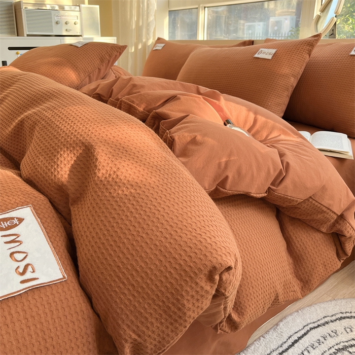 91家纺网 家纺一手货源 找家纺 蓝巢2023新款A版60支全棉华夫格B版40支全棉水洗棉四件套蜜格系列 蜜格-焦糖