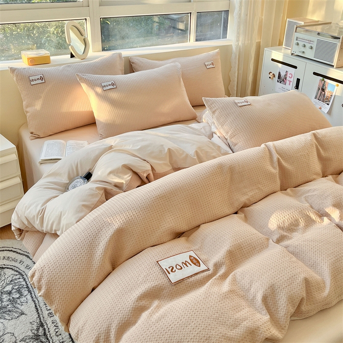 91家纺网 家纺一手货源 找家纺 蓝巢2023新款A版60支全棉华夫格B版40支全棉水洗棉四件套蜜格系列 蜜格-米驼