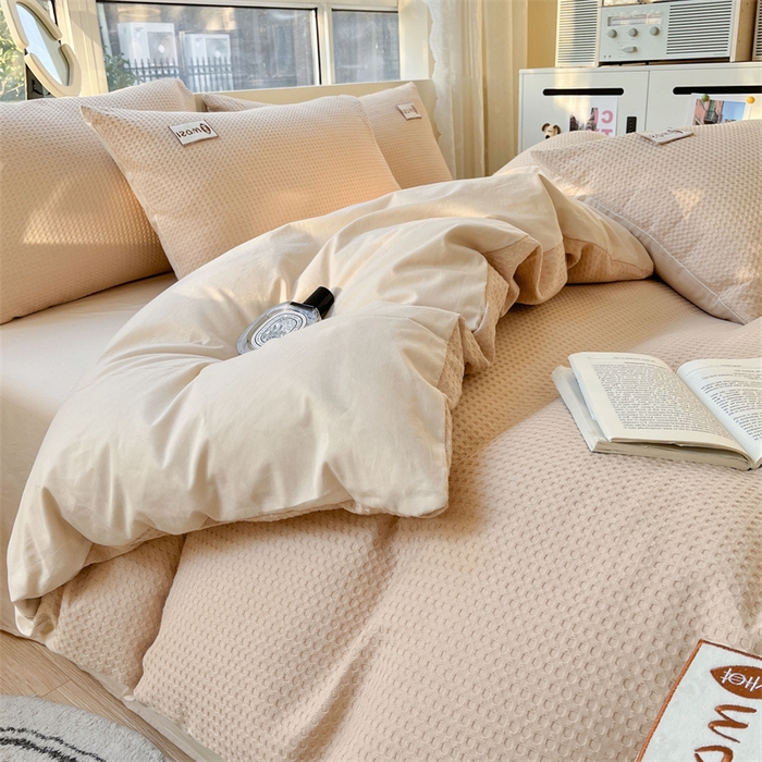 91家纺网 家纺一手货源 找家纺 蓝巢2023新款A版60支全棉华夫格B版40支全棉水洗棉四件套蜜格系列 蜜格-米驼