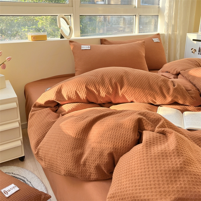 91家纺网 家纺一手货源 找家纺 蓝巢2023新款A版60支全棉华夫格B版40支全棉水洗棉四件套蜜格系列 蜜格-焦糖