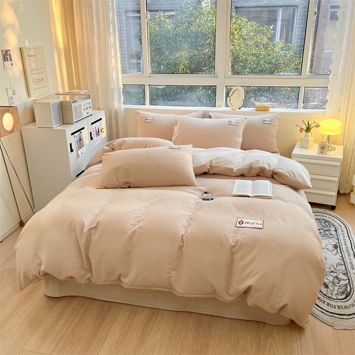 91家纺网 家纺一手货源 找家纺 蓝巢2023新款A版60支全棉华夫格B版40支全棉水洗棉四件套蜜格系列 蜜格-米驼