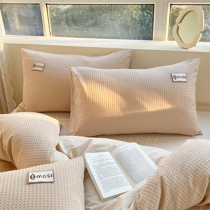 91家纺网 家纺一手货源 找家纺 蓝巢2023新款A版60支全棉华夫格B版40支全棉水洗棉四件套蜜格系列 蜜格-米驼