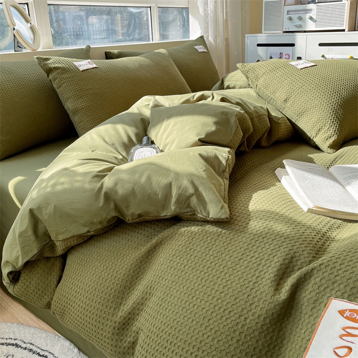 91家纺网 家纺一手货源 找家纺 蓝巢2023新款A版60支全棉华夫格B版40支全棉水洗棉四件套蜜格系列 蜜格-松叶绿