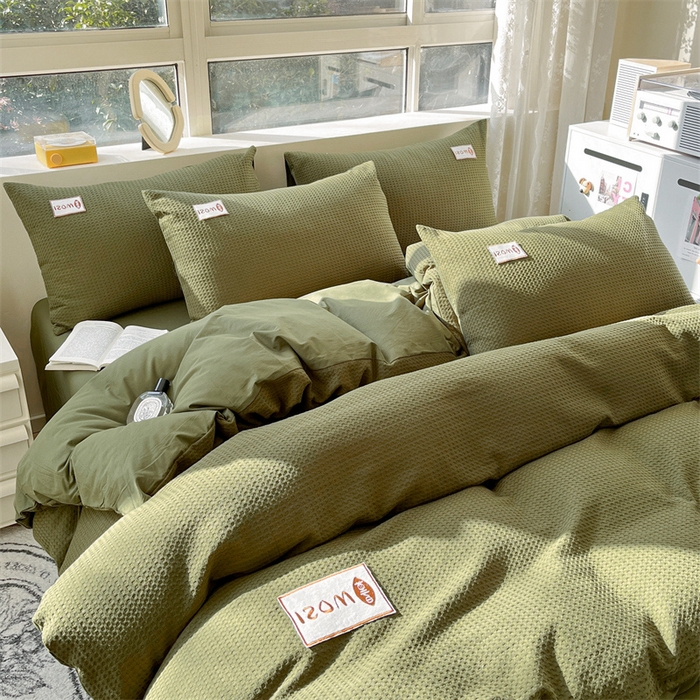 91家纺网 家纺一手货源 找家纺 蓝巢2023新款A版60支全棉华夫格B版40支全棉水洗棉四件套蜜格系列 蜜格-松叶绿