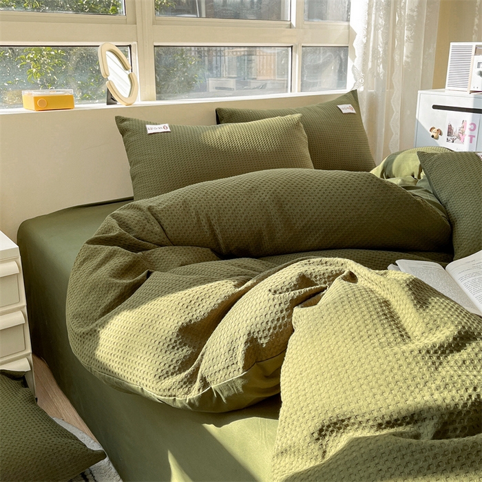 91家纺网 家纺一手货源 找家纺 蓝巢2023新款A版60支全棉华夫格B版40支全棉水洗棉四件套蜜格系列 蜜格-松叶绿