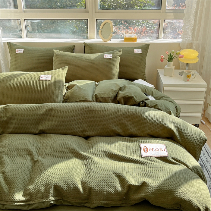 91家纺网 家纺一手货源 找家纺 蓝巢2023新款A版60支全棉华夫格B版40支全棉水洗棉四件套蜜格系列 蜜格-松叶绿