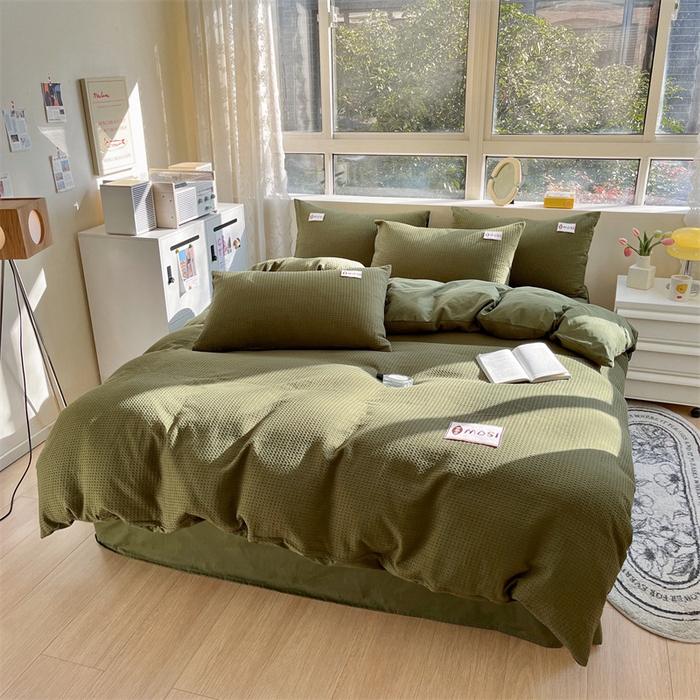 91家纺网 家纺一手货源 找家纺 蓝巢2023新款A版60支全棉华夫格B版40支全棉水洗棉四件套蜜格系列 蜜格-松叶绿