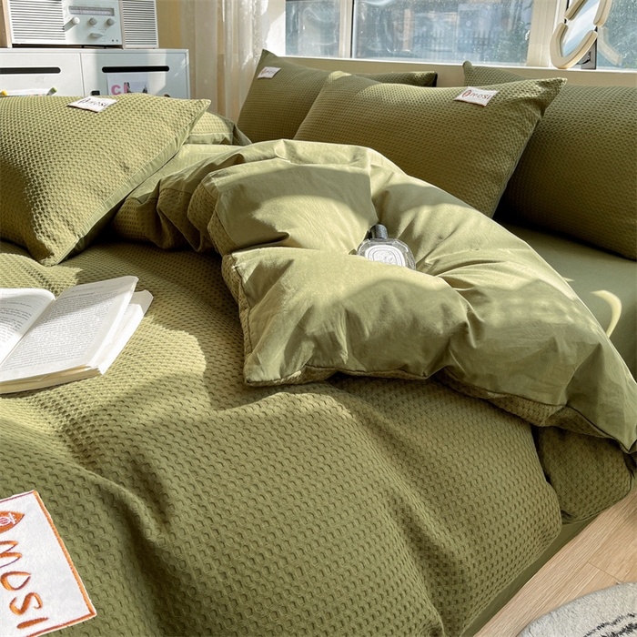 91家纺网 家纺一手货源 找家纺 蓝巢2023新款A版60支全棉华夫格B版40支全棉水洗棉四件套蜜格系列 蜜格-松叶绿