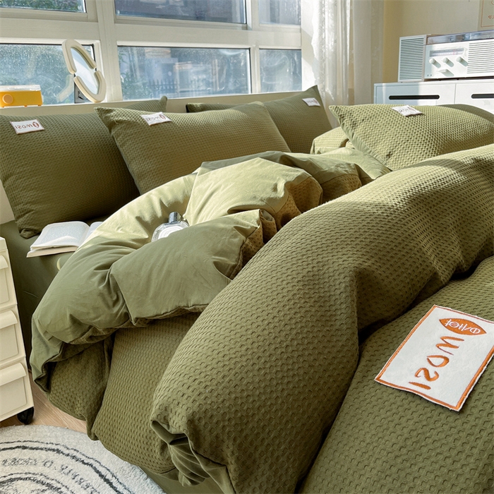 91家纺网 家纺一手货源 找家纺 蓝巢2023新款A版60支全棉华夫格B版40支全棉水洗棉四件套蜜格系列 蜜格-松叶绿