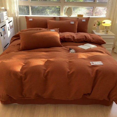 91家纺网 家纺一手货源 找家纺 蓝巢2023新款A版60支全棉华夫格B版40支全棉水洗棉四件套蜜格系列 蜜格-焦糖