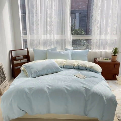 91家纺网 家纺一手货源 找家纺 蓝巢2023新款A版60支全棉华夫格B版40支全棉水洗棉四件套蜜格系列 华夫格天空蓝