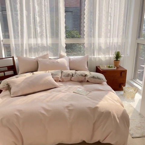 91家纺网 家纺一手货源 找家纺 蓝巢2023新款A版60支全棉华夫格B版40支全棉水洗棉四件套蜜格系列 华夫格浅粉