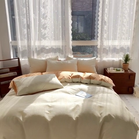 91家纺网 家纺一手货源 找家纺 蓝巢2023新款A版60支全棉华夫格B版40支全棉水洗棉四件套蜜格系列 华夫格奶白