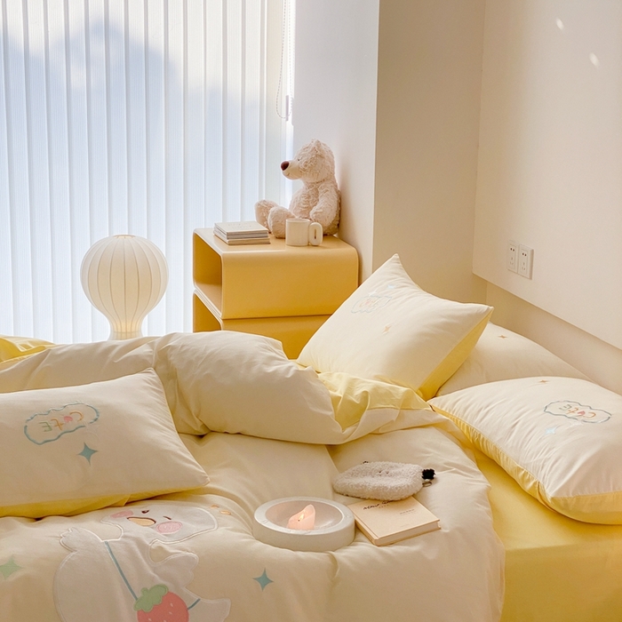 91家纺网 家纺一手货源 找家纺 蜜柚 2024新款全棉贴布绣四件套 彩虹鸭-奶黄