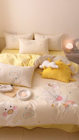 91家纺网 家纺一手货源 找家纺 蜜柚 2024新款全棉贴布绣四件套 彩虹鸭-奶黄