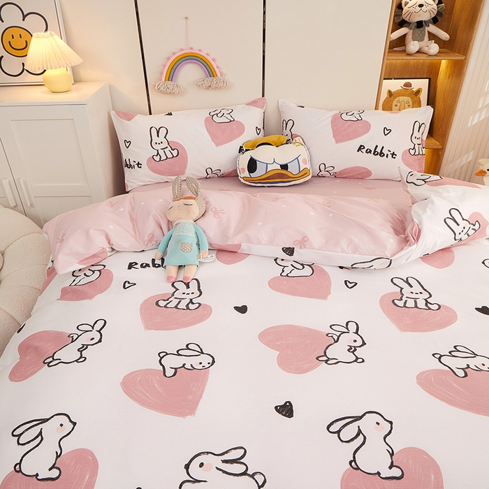 91家纺网 家纺一手货源 找家纺 一米阳光 2023新款1月小清新13070纯棉四件套第一批 粉心小兔