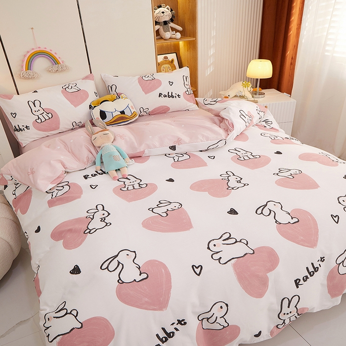 91家纺网 家纺一手货源 找家纺 一米阳光 2023新款1月小清新13070纯棉四件套第一批 粉心小兔