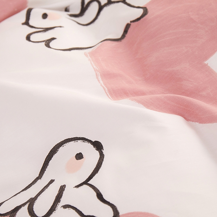 91家纺网 家纺一手货源 找家纺 一米阳光 2023新款1月小清新13070纯棉四件套第一批 粉心小兔