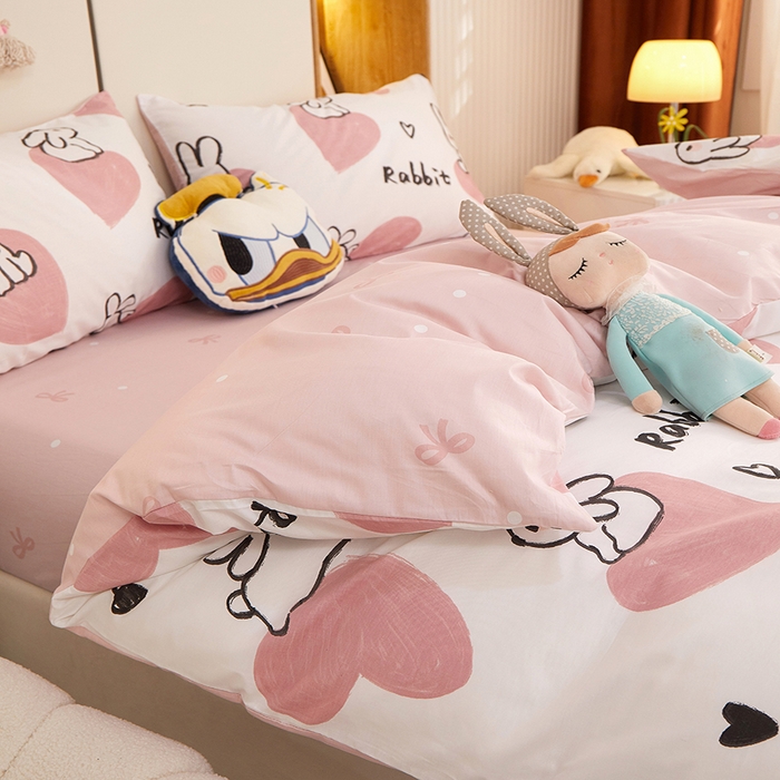 91家纺网 家纺一手货源 找家纺 一米阳光 2023新款1月小清新13070纯棉四件套第一批 粉心小兔