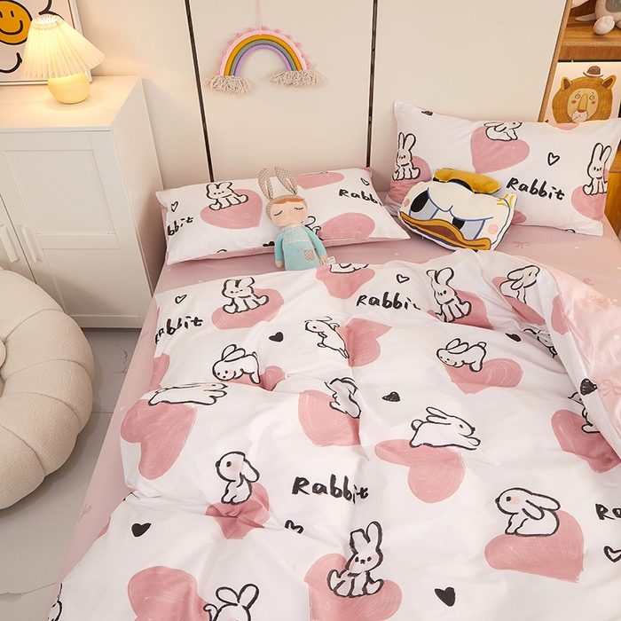 91家纺网 家纺一手货源 找家纺 一米阳光 2023新款1月小清新13070纯棉四件套第一批 粉心小兔