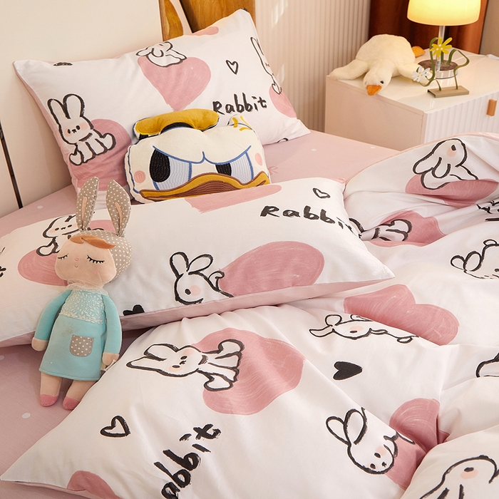 91家纺网 家纺一手货源 找家纺 一米阳光 2023新款1月小清新13070纯棉四件套第一批 粉心小兔