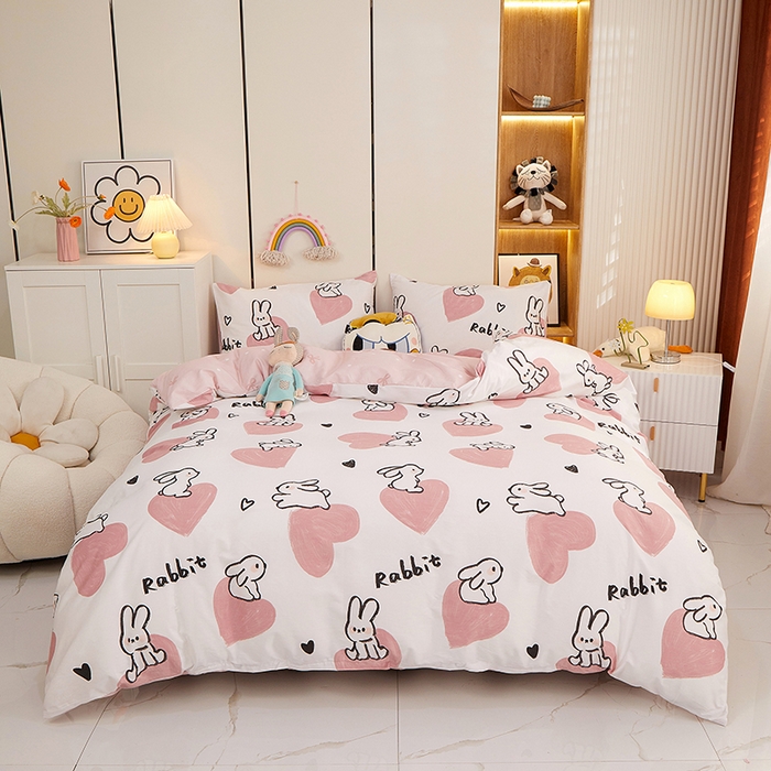 91家纺网 家纺一手货源 找家纺 一米阳光 2023新款1月小清新13070纯棉四件套第一批 粉心小兔