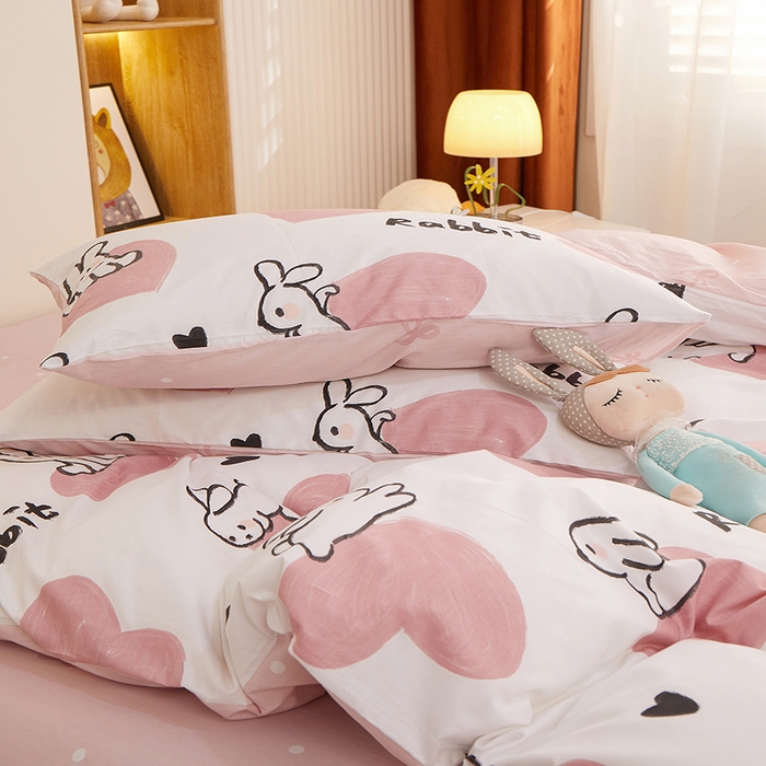 91家纺网 家纺一手货源 找家纺 一米阳光 2023新款1月小清新13070纯棉四件套第一批 粉心小兔