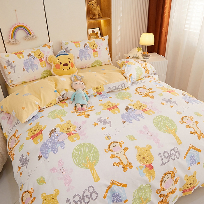 91家纺网 家纺一手货源 找家纺 一米阳光 2023新款1月小清新13070纯棉四件套第一批 维尼伙伴