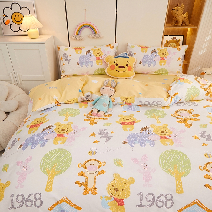 91家纺网 家纺一手货源 找家纺 一米阳光 2023新款1月小清新13070纯棉四件套第一批 维尼伙伴