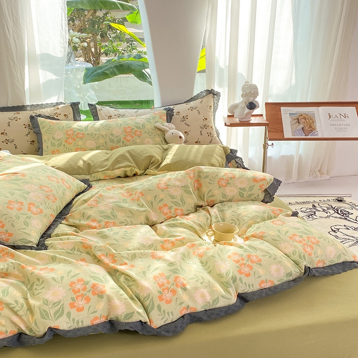 91家纺网 家纺一手货源 找家纺 艾米 2023新款水洗棉麻双层纱系列四件套 暗香