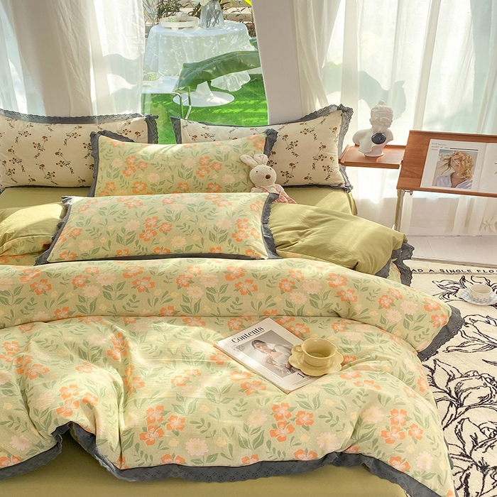 91家纺网 家纺一手货源 找家纺 艾米 2023新款水洗棉麻双层纱系列四件套 暗香